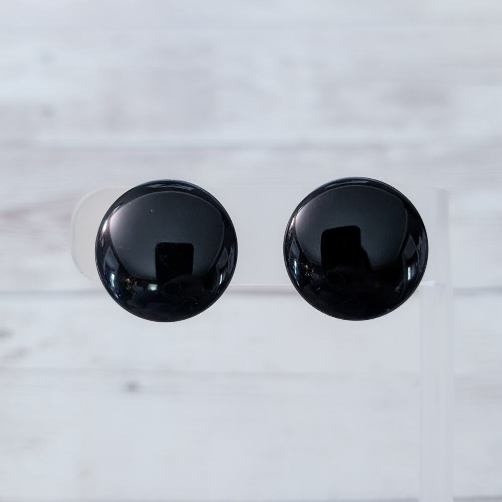 Vintage Trifari Clip On Earrings Shiny Black Domed 7/8" Retro Statement